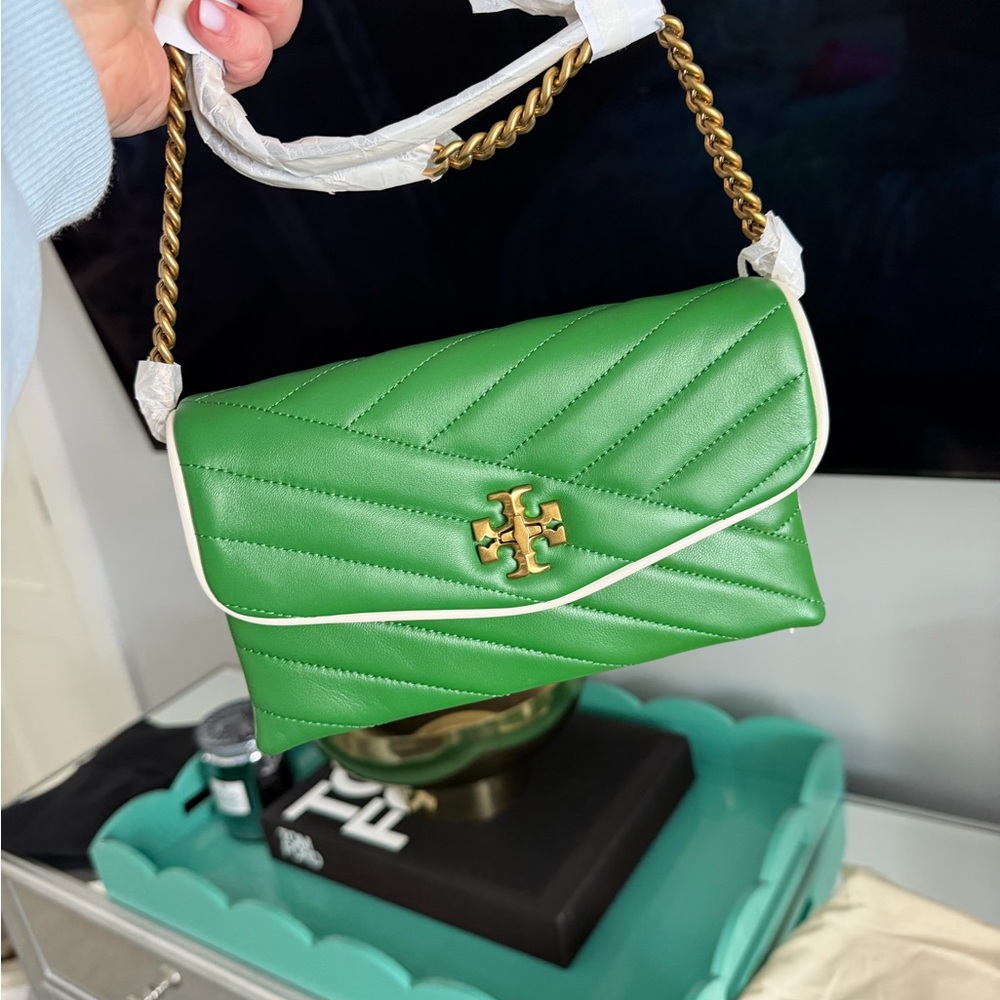 Tory Burch Green Quilted Shoulder Bag with Gold Chain